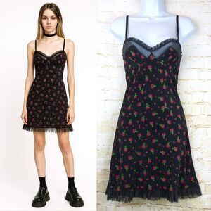 VTG Victorias Secret Slip Dress S Black Roses Ruffles Sexy Little Thing Y2K 90s